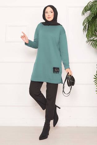 Taş İşlemeli Ponponlu Tesettür Tunik Çağla Yeşili - Thumbnail