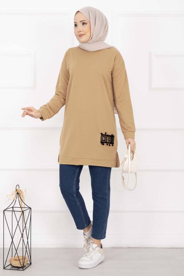 CVN - Taş İşlemeli Ponponlu Tesettür Tunik Camel