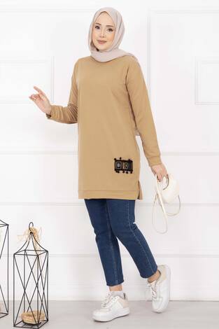 Taş İşlemeli Ponponlu Tesettür Tunik Camel - Thumbnail