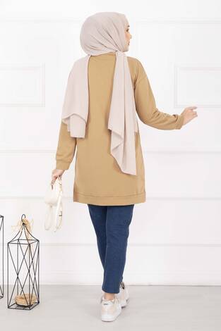 Taş İşlemeli Ponponlu Tesettür Tunik Camel - Thumbnail