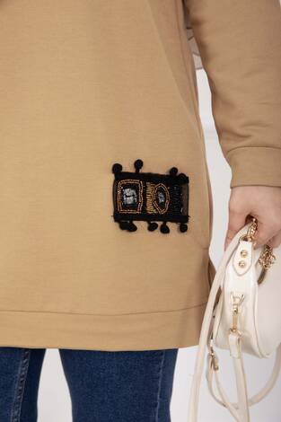 Taş İşlemeli Ponponlu Tesettür Tunik Camel - Thumbnail