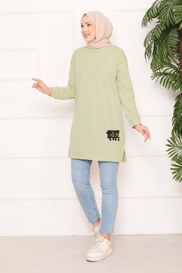 Taş İşlemeli Ponponlu Tesettür Tunik Mint - 3