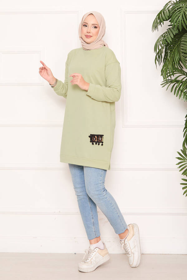 Taş İşlemeli Ponponlu Tesettür Tunik Mint - 5