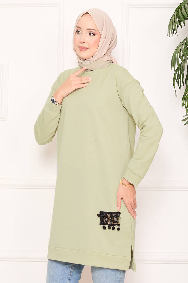Taş İşlemeli Ponponlu Tesettür Tunik Mint - 6