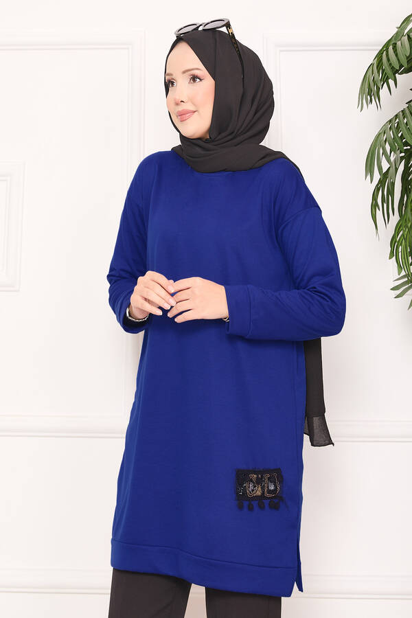 Taş İşlemeli Ponponlu Tesettür Tunik Saks - 6