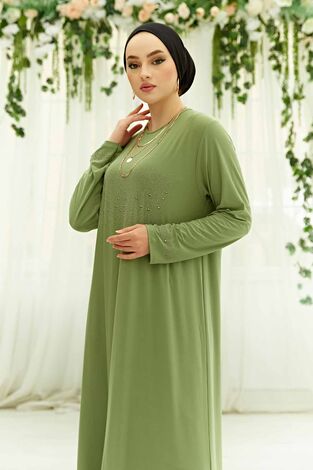 Taş İşlemeli Sandy Tesettür Elbise 590EML-12456 Fıstık Yeşili - Thumbnail