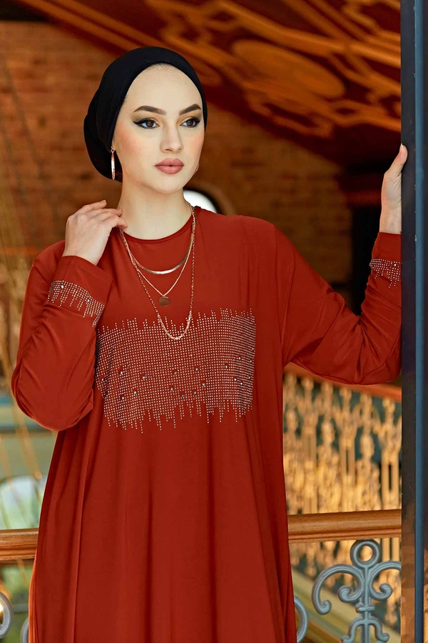 Eml - Taş İşlemeli Sandy Tesettür Elbise 590EML-12456 Orange (1)
