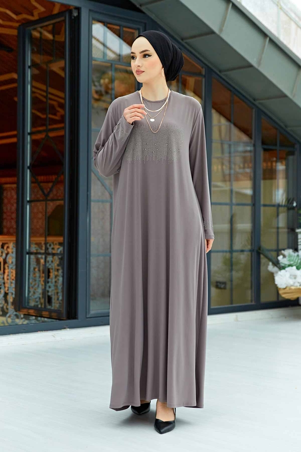 Taş İşlemeli Sandy Tesettür Elbise 590EML-12456 Vizon