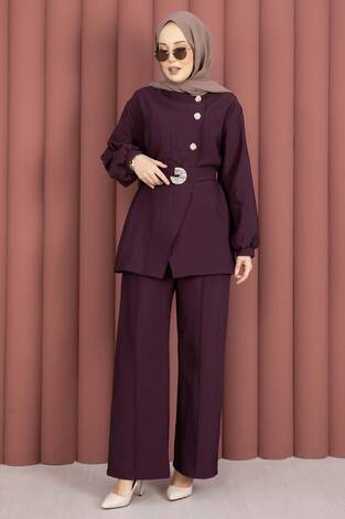 Tasarım Gold Düğmeli Kemerli İkili Takım Bordo