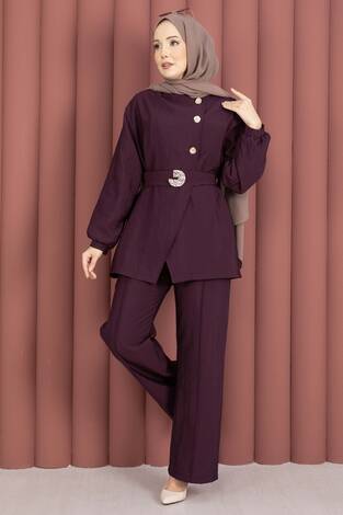 Tasarım Gold Düğmeli Kemerli İkili Takım Bordo - Thumbnail