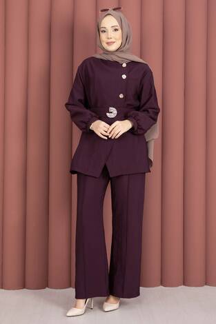 Tasarım Gold Düğmeli Kemerli İkili Takım Bordo - Thumbnail