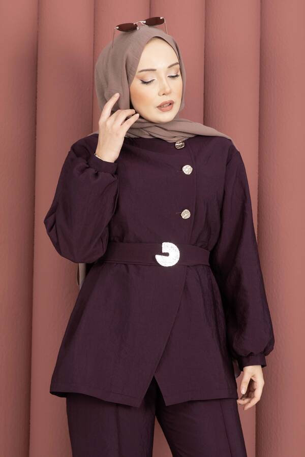 MD - Tasarım Gold Düğmeli Kemerli İkili Takım Bordo (1)