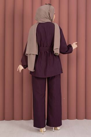 Tasarım Gold Düğmeli Kemerli İkili Takım Bordo - Thumbnail