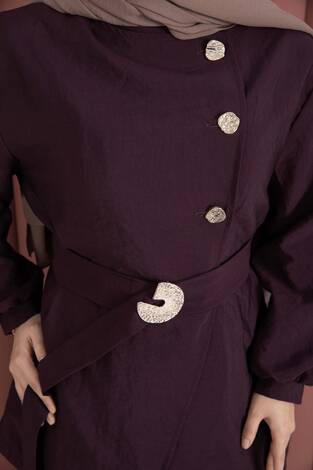 Tasarım Gold Düğmeli Kemerli İkili Takım Bordo - Thumbnail