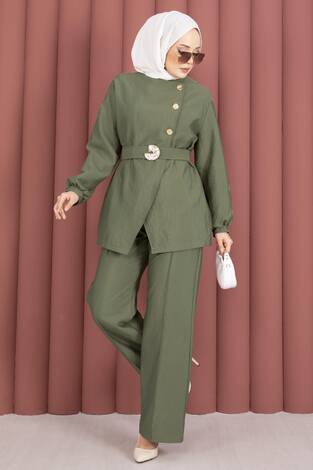 Tasarım Gold Düğmeli Kemerli İkili Takım Çağla Yeşili - Thumbnail