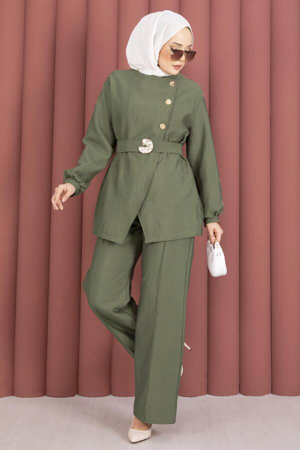 MD - Tasarım Gold Düğmeli Kemerli İkili Takım Çağla Yeşili (1)