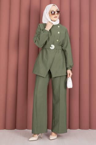 Tasarım Gold Düğmeli Kemerli İkili Takım Çağla Yeşili - Thumbnail