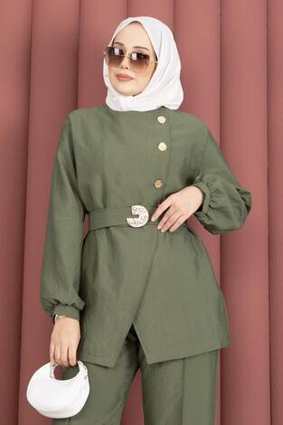 Tasarım Gold Düğmeli Kemerli İkili Takım Çağla Yeşili - Thumbnail