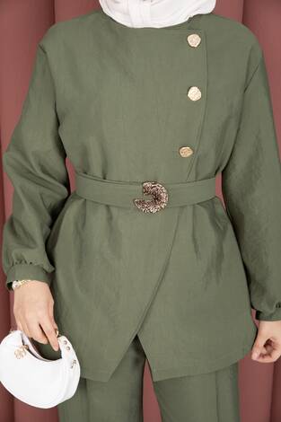 Tasarım Gold Düğmeli Kemerli İkili Takım Çağla Yeşili - Thumbnail