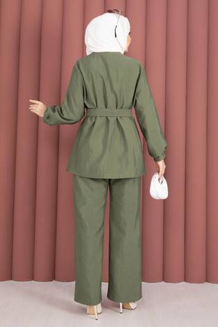 Tasarım Gold Düğmeli Kemerli İkili Takım Çağla Yeşili - Thumbnail