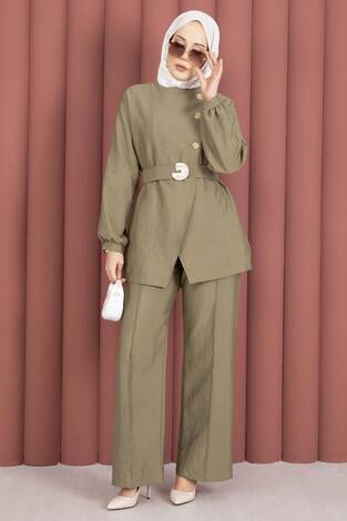 Tasarım Gold Düğmeli Kemerli İkili Takım Haki - Thumbnail