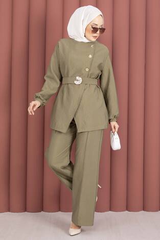 Tasarım Gold Düğmeli Kemerli İkili Takım Haki - Thumbnail