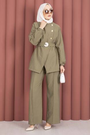 Tasarım Gold Düğmeli Kemerli İkili Takım Haki