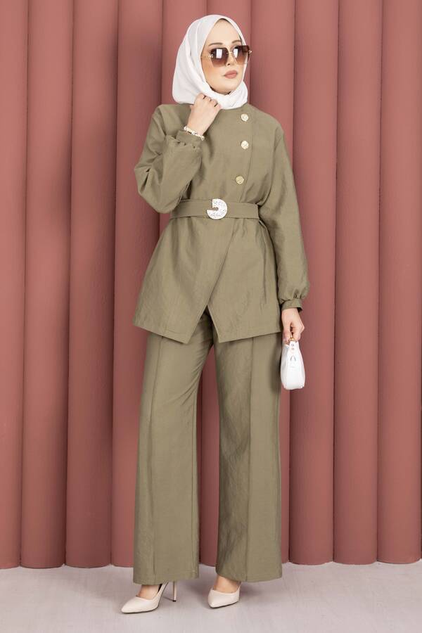 MD - Tasarım Gold Düğmeli Kemerli İkili Takım Haki