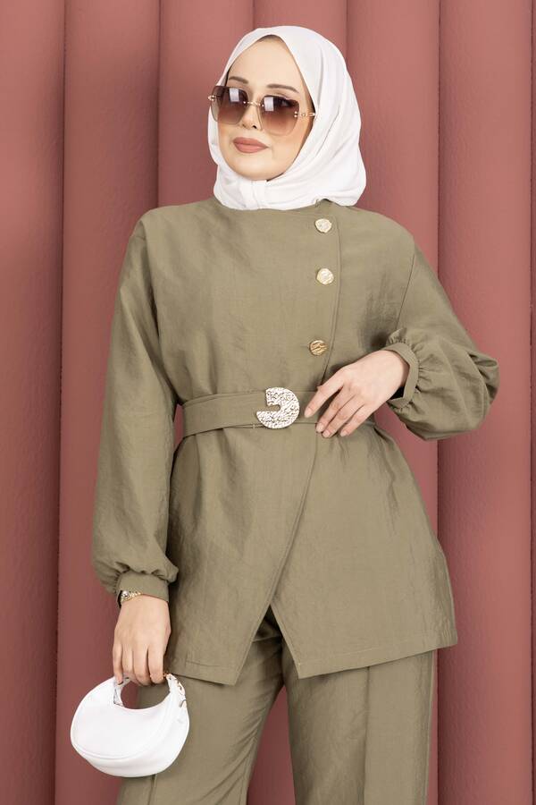 MD - Tasarım Gold Düğmeli Kemerli İkili Takım Haki (1)