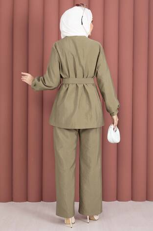Tasarım Gold Düğmeli Kemerli İkili Takım Haki - Thumbnail