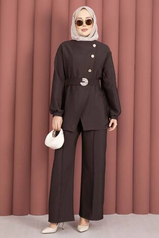 Tasarım Gold Düğmeli Kemerli İkili Takım Kahve - Thumbnail