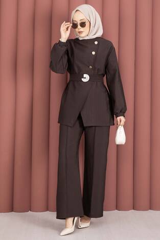 Tasarım Gold Düğmeli Kemerli İkili Takım Kahve - Thumbnail