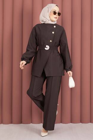 Tasarım Gold Düğmeli Kemerli İkili Takım Kahve - Thumbnail