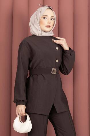 Tasarım Gold Düğmeli Kemerli İkili Takım Kahve - Thumbnail