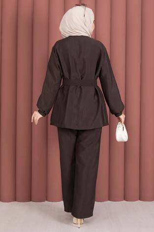 Tasarım Gold Düğmeli Kemerli İkili Takım Kahve - Thumbnail