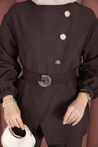 Tasarım Gold Düğmeli Kemerli İkili Takım Kahve - Thumbnail