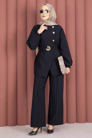 Tasarım Gold Düğmeli Kemerli İkili Takım Lacivert - Thumbnail