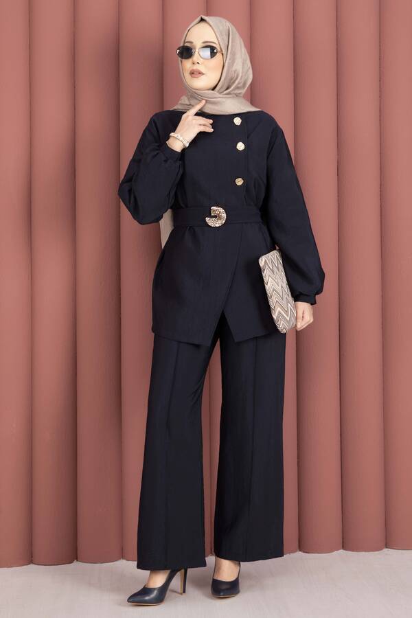 MD - Tasarım Gold Düğmeli Kemerli İkili Takım Lacivert