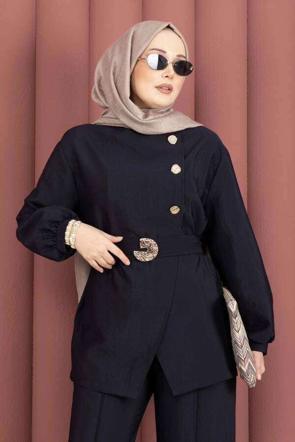 MD - Tasarım Gold Düğmeli Kemerli İkili Takım Lacivert (1)