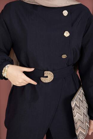 Tasarım Gold Düğmeli Kemerli İkili Takım Lacivert - Thumbnail