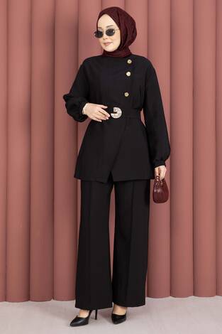 Tasarım Gold Düğmeli Kemerli İkili Takım Siyah