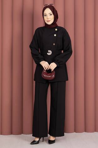 Tasarım Gold Düğmeli Kemerli İkili Takım Siyah - Thumbnail