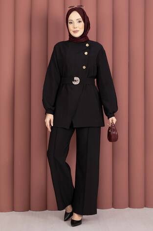 Tasarım Gold Düğmeli Kemerli İkili Takım Siyah - Thumbnail