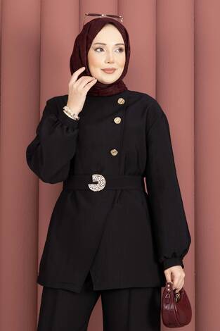 Tasarım Gold Düğmeli Kemerli İkili Takım Siyah - Thumbnail