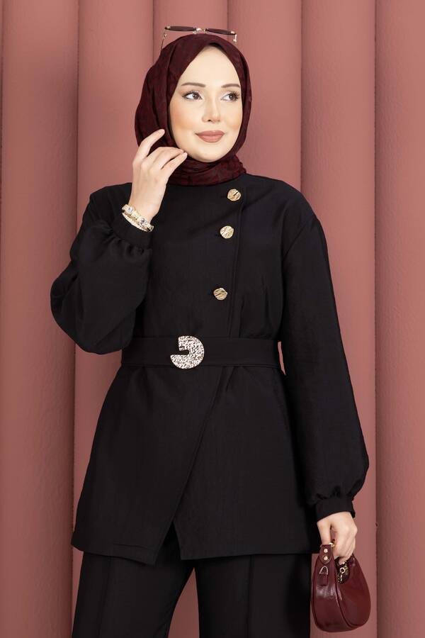 MD - Tasarım Gold Düğmeli Kemerli İkili Takım Siyah (1)