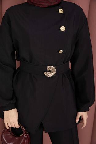 Tasarım Gold Düğmeli Kemerli İkili Takım Siyah - Thumbnail