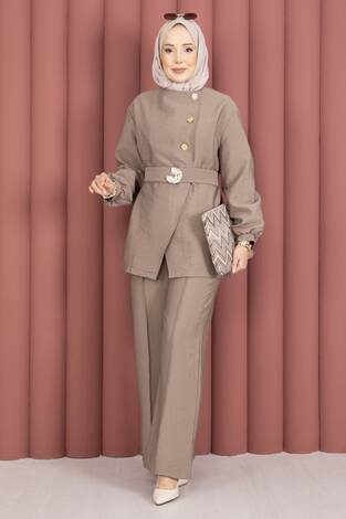 Tasarım Gold Düğmeli Kemerli İkili Takım Vizon - Thumbnail