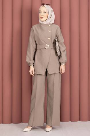 Tasarım Gold Düğmeli Kemerli İkili Takım Vizon - Thumbnail