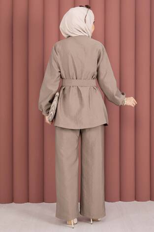 Tasarım Gold Düğmeli Kemerli İkili Takım Vizon - Thumbnail