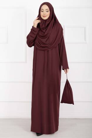 Taşıma Çantalı Tesettür Namaz Elbisesi Bordo - Thumbnail